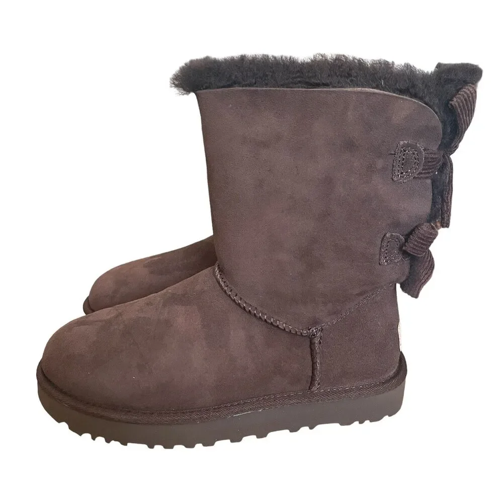 UGG Boots Bailey Bow Corduroy Chocolate Brown Womens Sz 5 Suede Leather Mid Calf